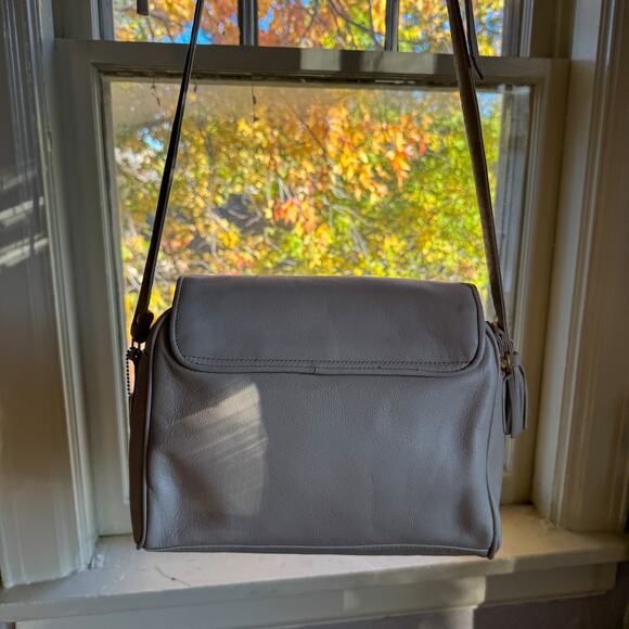 Genuine Leather Tassel Crossbody Bag | Taupe Gray Minimalist Satchel - Picture 4 of 7